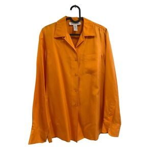 Jones New York 100% Silk Orange Button Down Long Sleeve Blouse Shirt Womens M